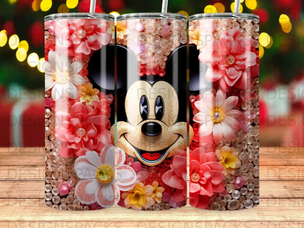 Mickey Mouse face surrounded by pink and white flowers and glitter.