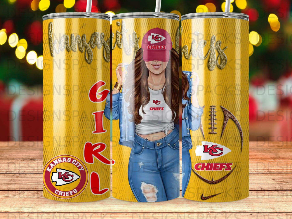 Kansas City Chiefs tumbler with a woman in a denim jacket and jeans.