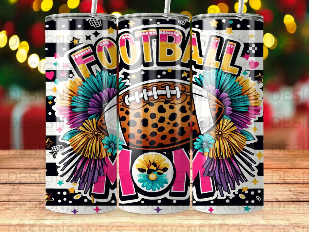 Football Mom tumbler with floral accents and leopard print football.
