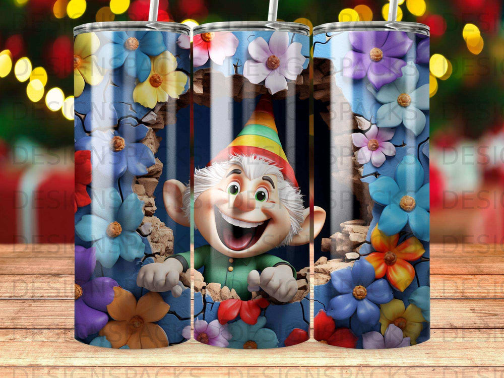 Smiling cartoon elf with colorful flowers bursting through a brick wall.
