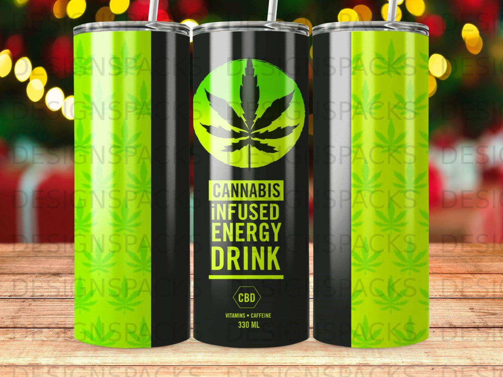 Cannabis infused energy drink bottle with CBD, vitamins, and caffeine.