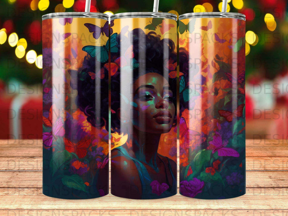 Woman with butterflies in hair and on vibrant floral background.
