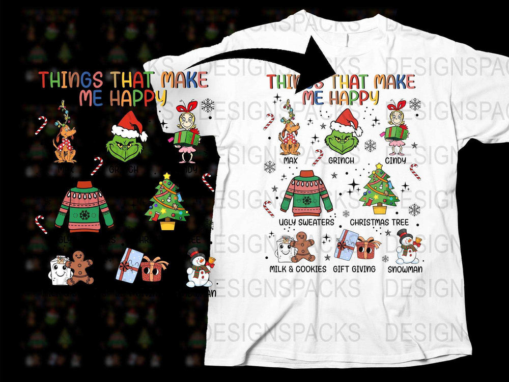 Whimsical Christmas T-Shirt, Grinch Cindy Ugly Sweater Holiday Tee, Festive Snowman Design, Milk and Cookies Motif