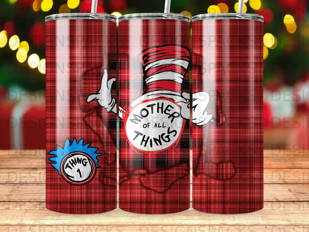 Red plaid tumbler with Cat in the Hat graphic and "Mother of All Things."