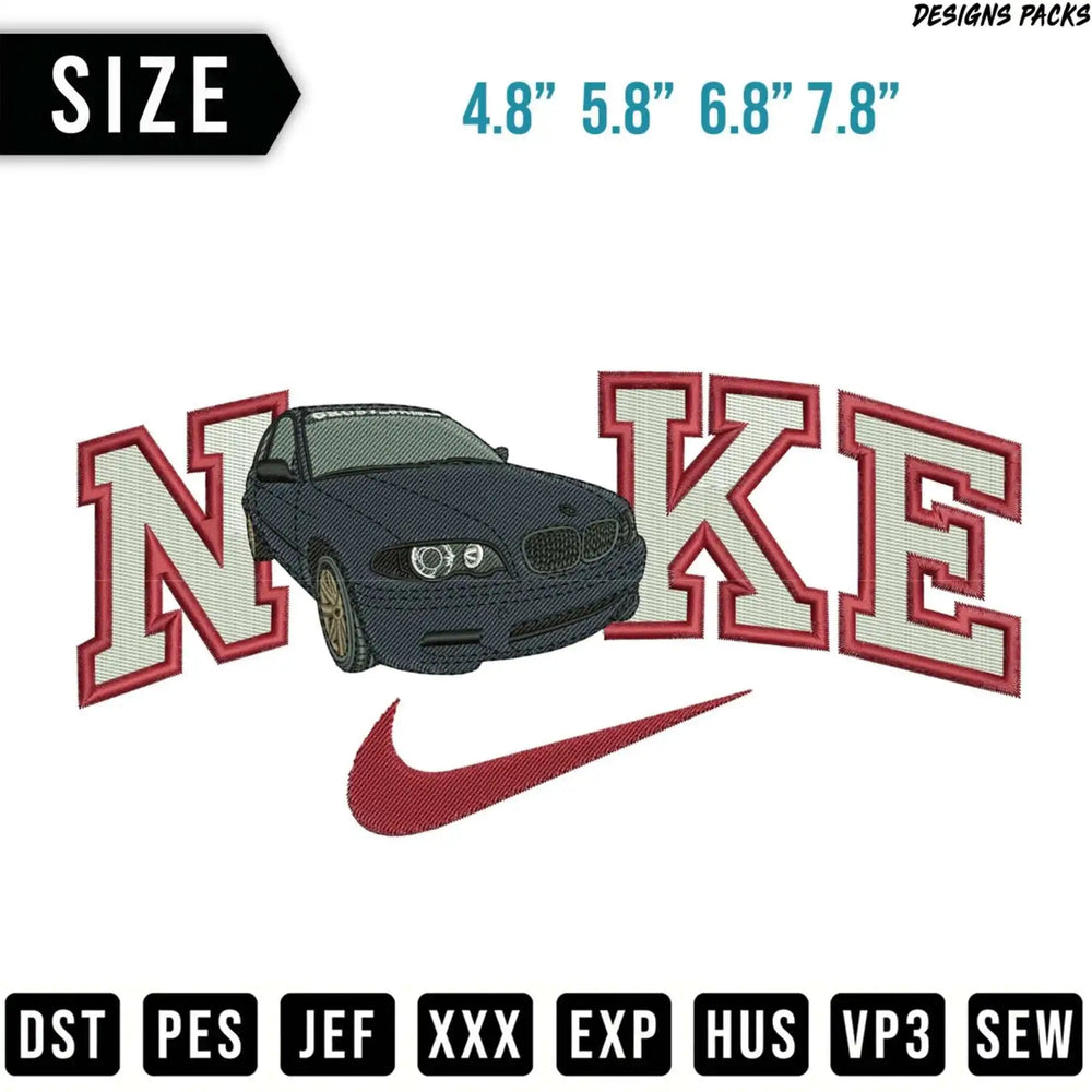 Nike logo with car outline and size options, embroidery file formats listed.