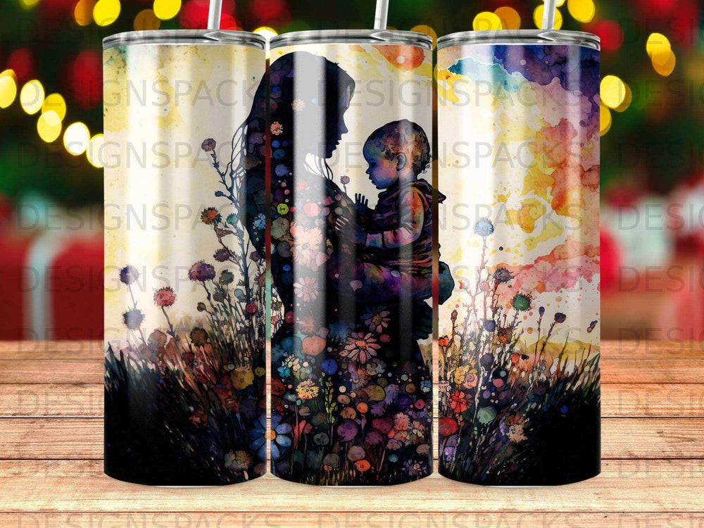Silhouette of mother holding baby against a floral watercolor background.