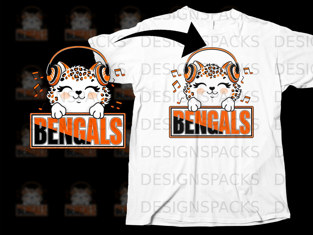 Cartoon leopard cub wearing headphones holds sign that says "BENGALS".