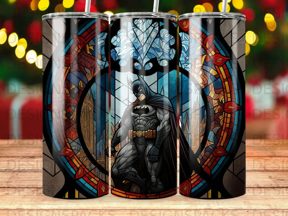 Batman in stained glass against a city backdrop on a tumbler.