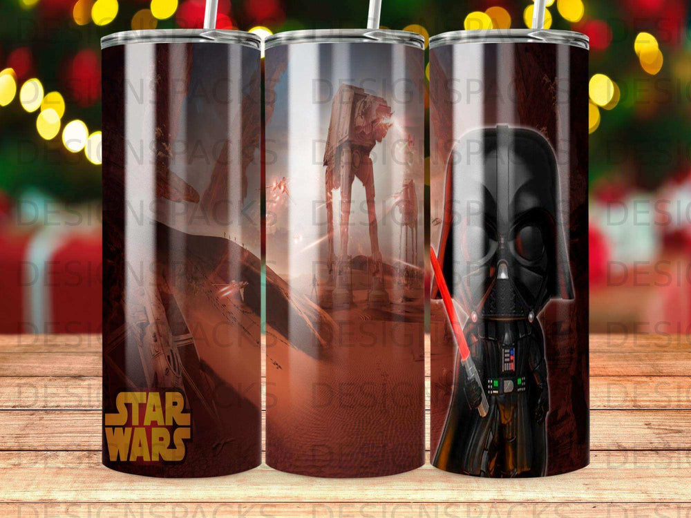 Star Wars tumbler featuring Darth Vader and Imperial walkers in a desert landscape.
