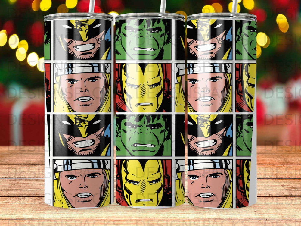 Collage of Marvel comic characters Wolverine, Iron Man, and Thor faces.