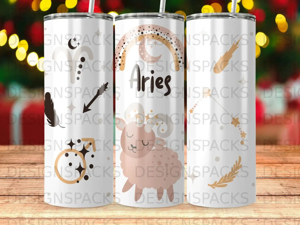 Aries constellation sheep design on a tall, slim tumbler.