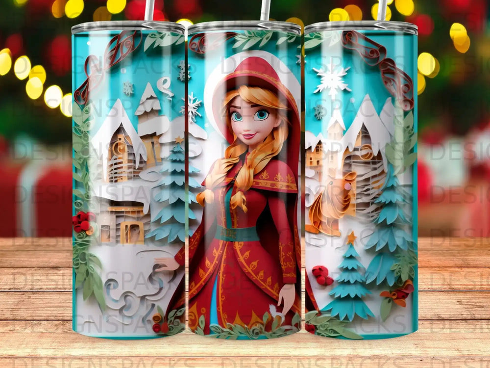 Frozen's Anna in a snowy forest scene on a tumbler.
