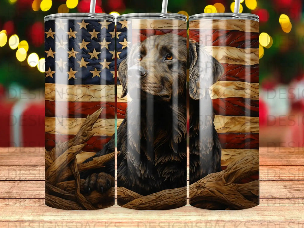Brown dog with American flag background and wood accents.