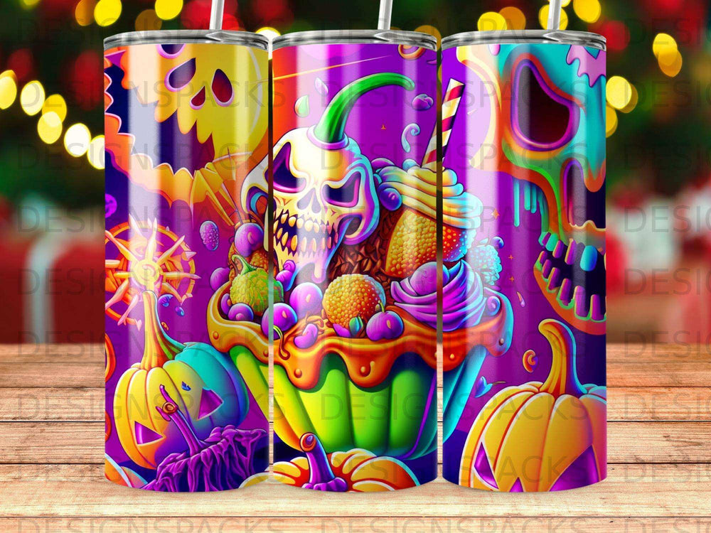 Halloween-themed tumbler with skull, pumpkin, and candy graphics.
