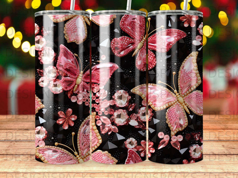 Pink glitter butterflies and diamonds on a black background tumbler.
