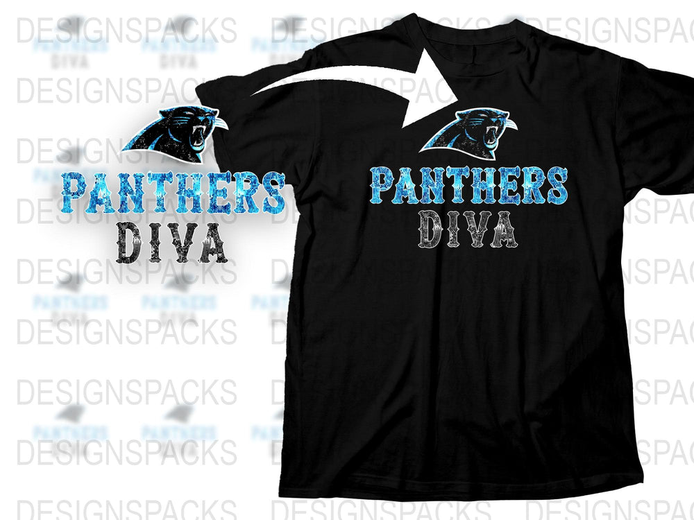 Panthers Diva T-Shirt, Black Sports Fan Tee, Women's Football Graphic Shirt, Ice Blue Text