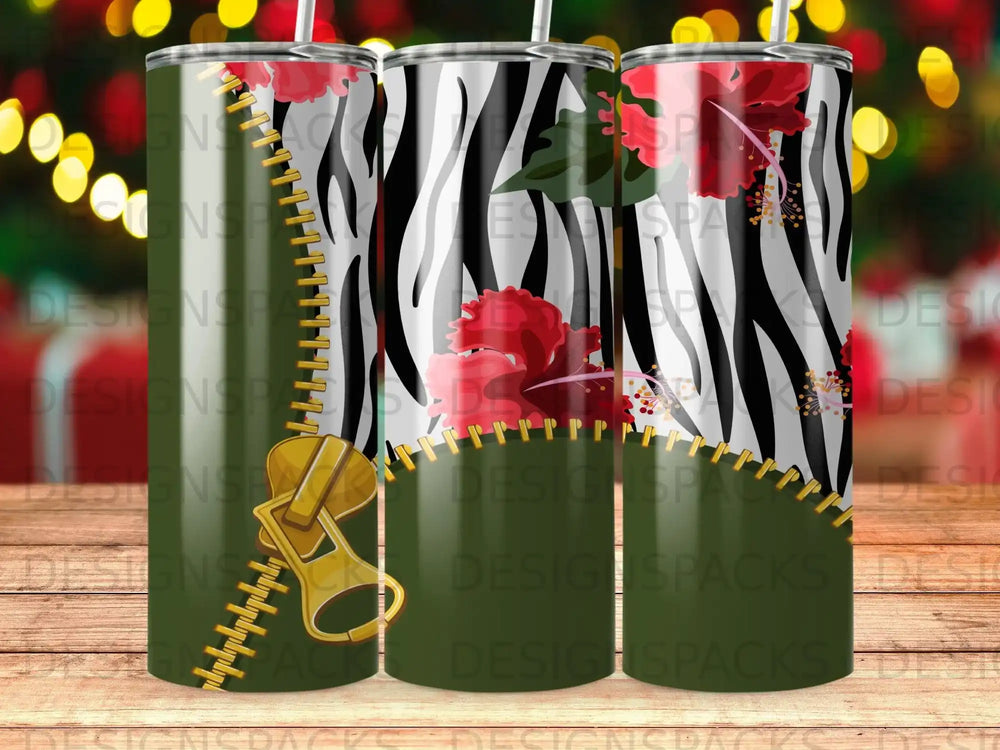 Zebra Stripes Red Hibiscus Green Zipper Tumbler product type