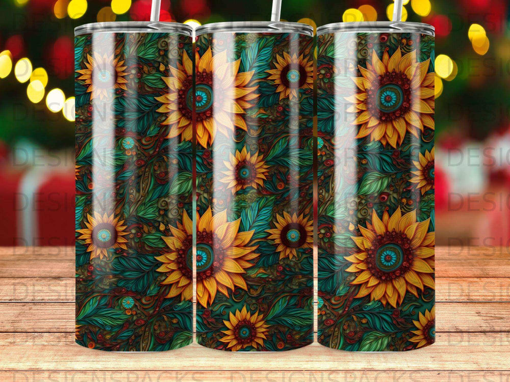 Sunflower floral pattern on a set of three cylindrical tumblers.