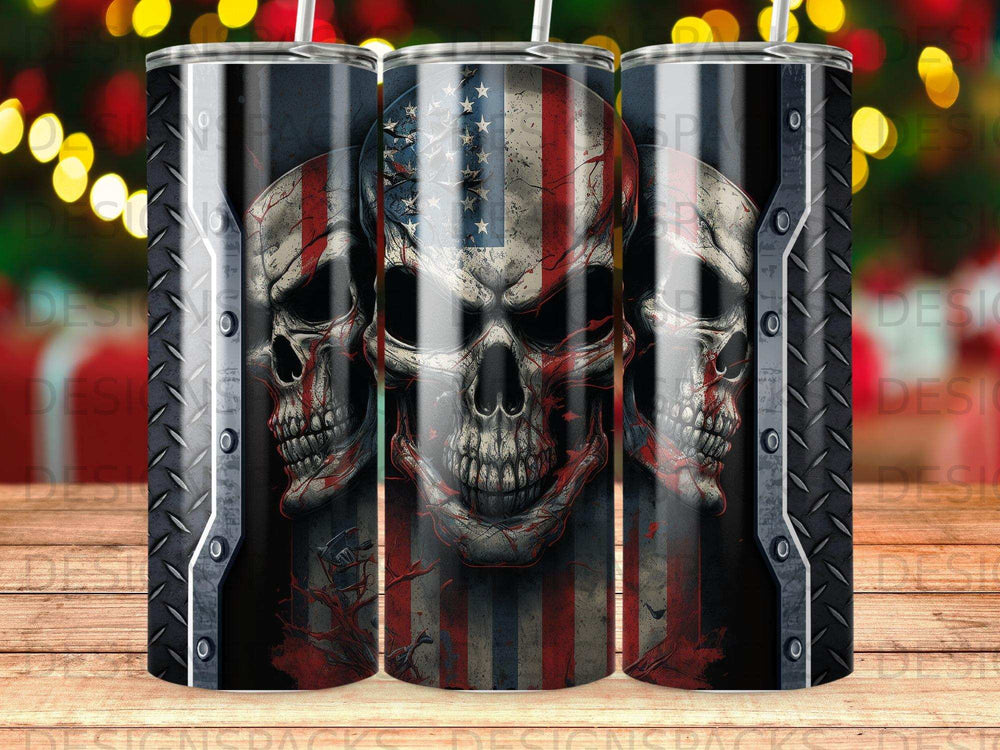 Skull with American flag design on tumbler with diamond plate border.