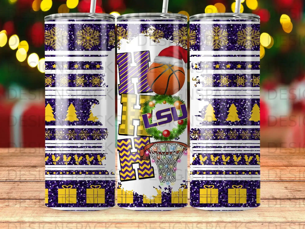 Purple and gold LSU Tigers basketball tumbler with holiday snowflakes and presents.