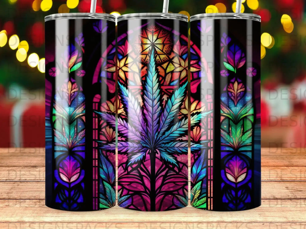 Colorful stained-glass cannabis leaf design on a tumbler.