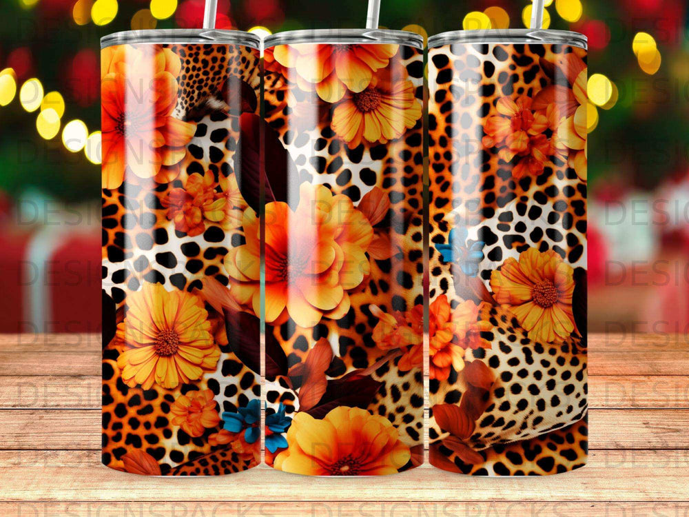 Tumbler with leopard print, orange flowers, and green leaves.