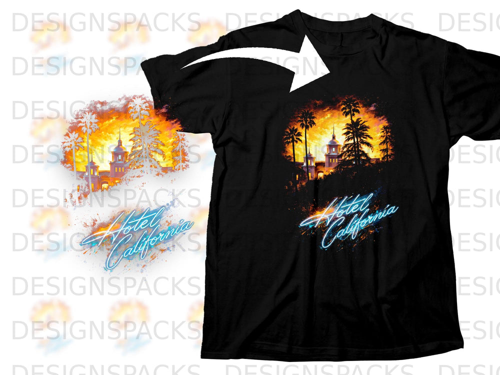 Black t-shirt featuring a sunset with palm trees and a building, text reads "Hotel California".