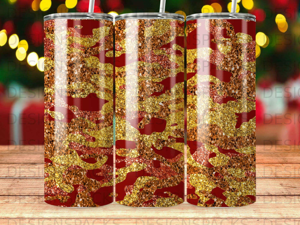 Red and gold glitter camouflage pattern on a tumbler.