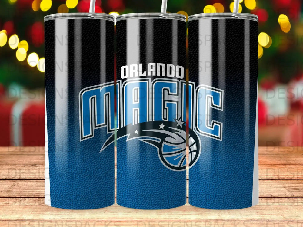 Orlando Magic basketball team logo on a black and blue textured tumbler.