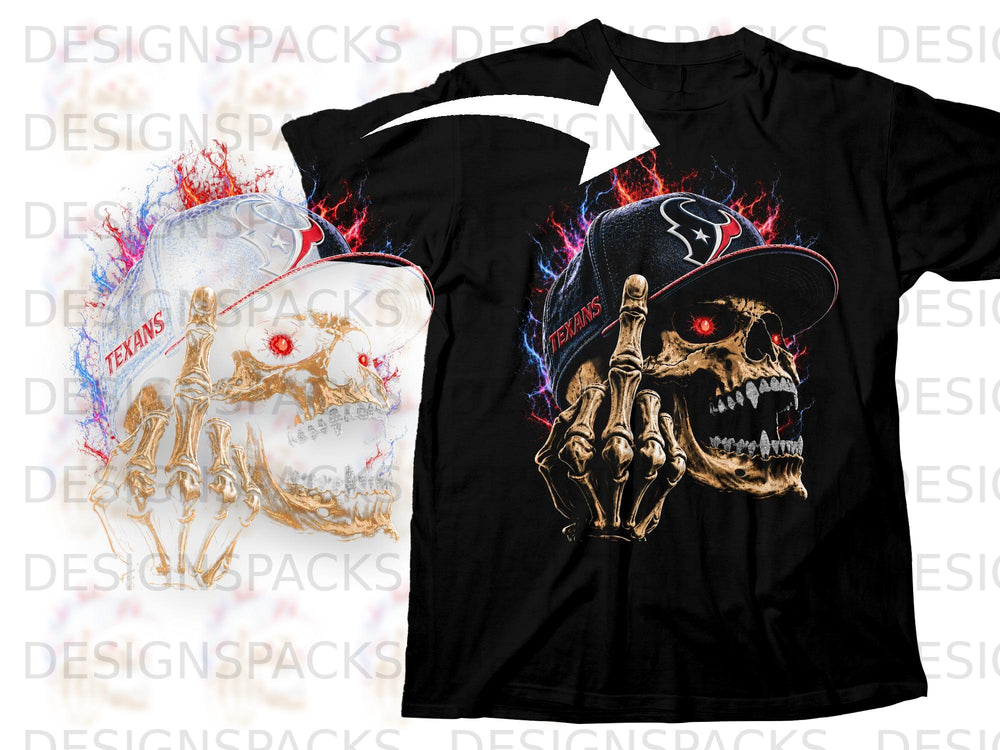 Skull with Texans cap, red eyes, and middle finger raised, on black t-shirt, with fiery effect.