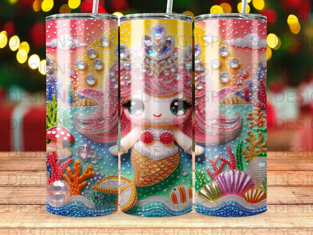 Sparkling mermaid tumbler with colorful coral and fish.