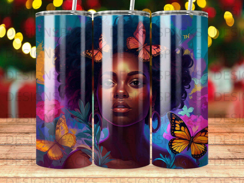 Woman with butterflies and floral elements.