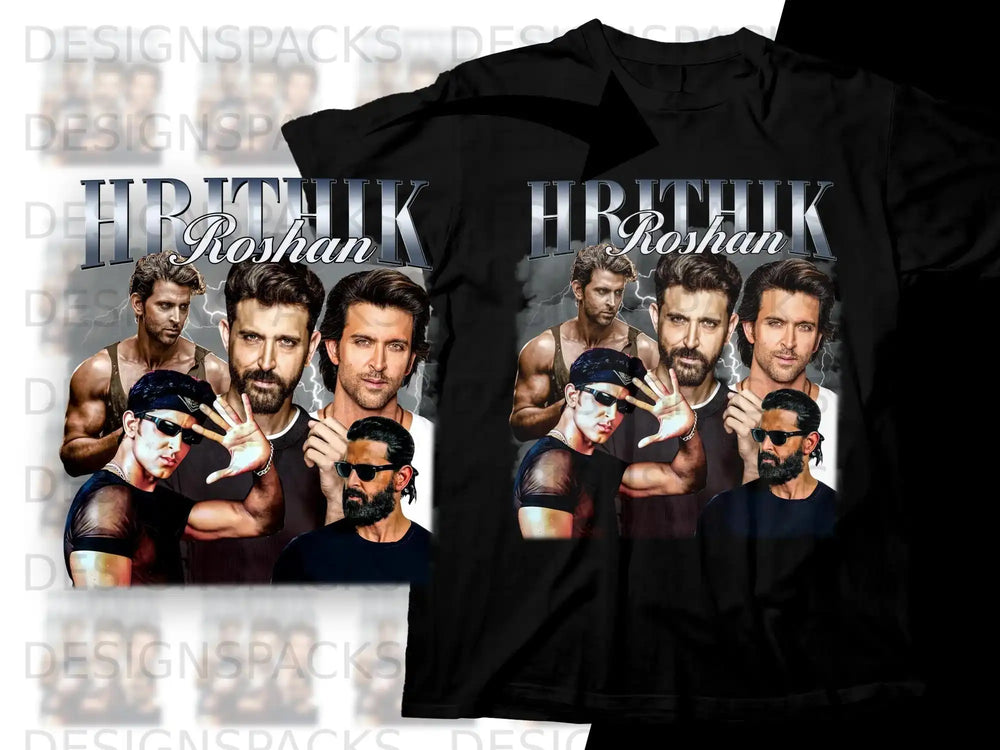 Hrithik Roshan collage on a black t-shirt.