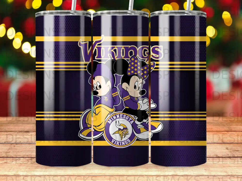 Mickey and Minnie Mouse in Minnesota Vikings uniforms with team logo.