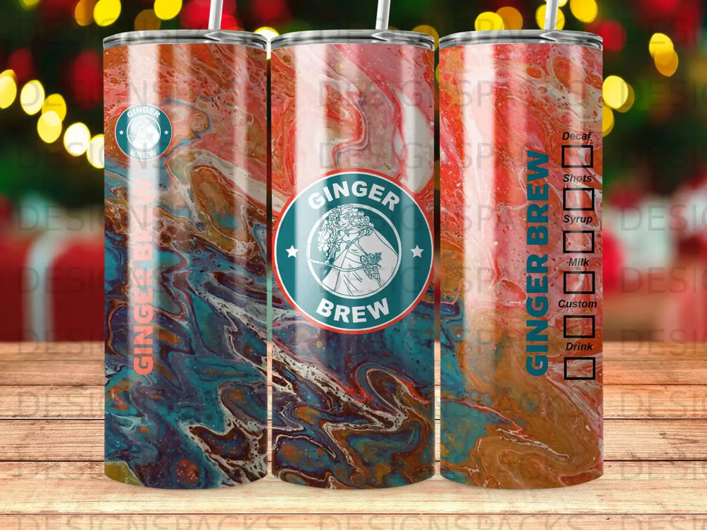 Tumbler with "Ginger Brew" and layered drink options labels.