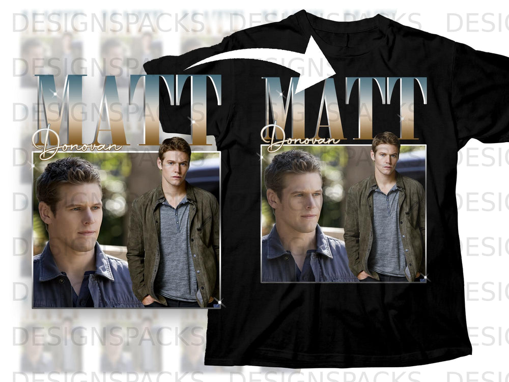 Black t-shirt with "MATT Donovan" graphic and two inset photos of the actor.