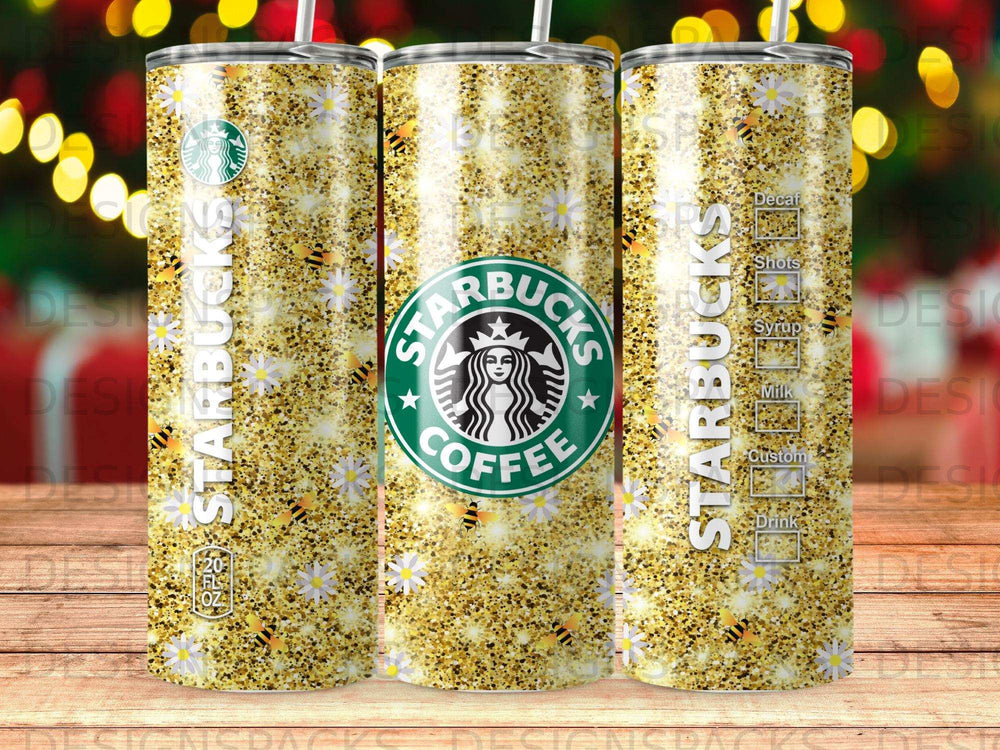 Starbucks coffee tumbler with glitter, bees, and drink options.