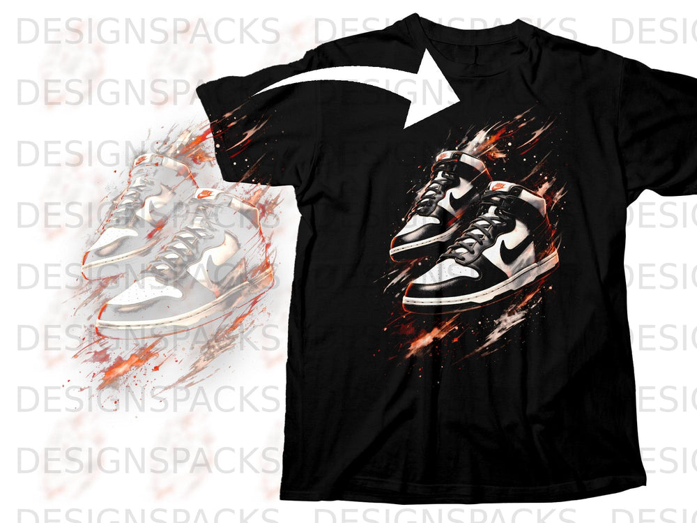 Black t-shirt with a graphic of two high-top sneakers with paint splatters.