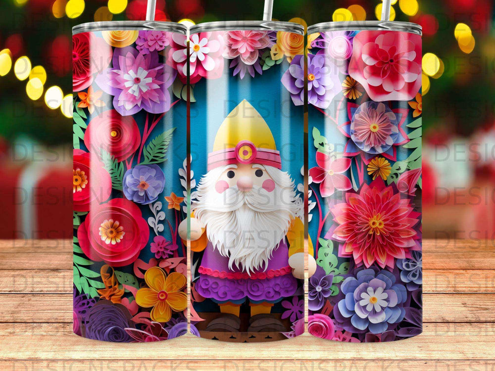 Gnome with flowers and colorful floral background on a tumbler.