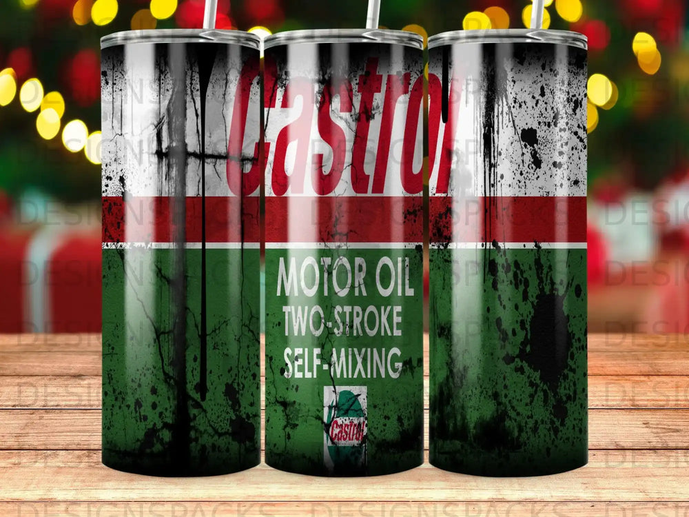Castrol Motor Oil two-stroke self-mixing thermos with distressed green and red design.