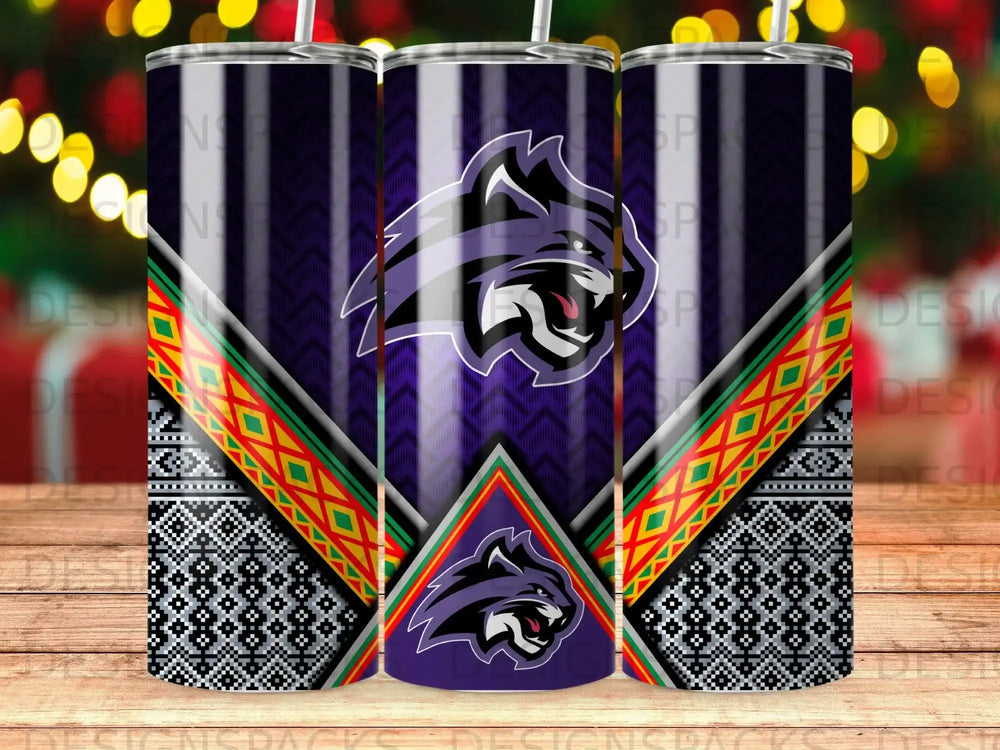Purple tumbler with a snarling black and white cat logo and geometric borders.