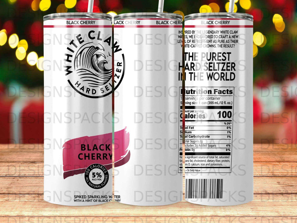 Black Cherry White Claw can with nutrition facts and "The Purest Hard Seltzer" text.