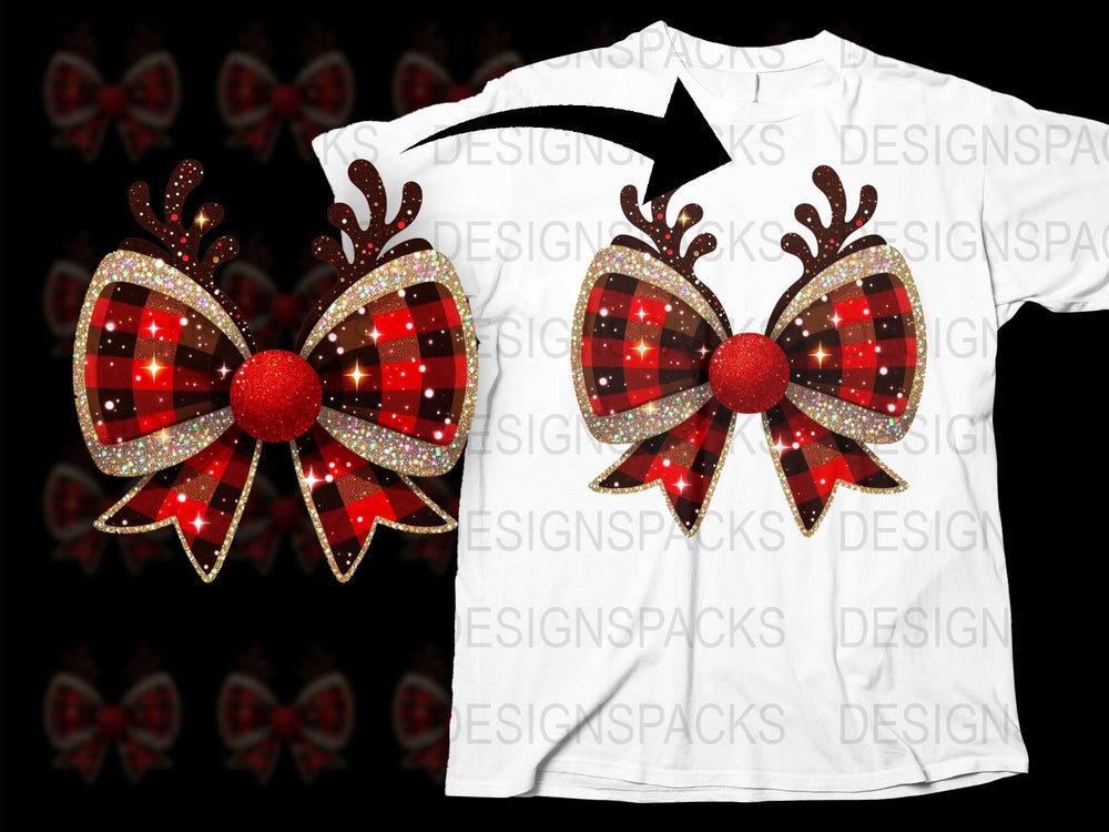 Festive Christmas T-Shirt with Red Bow and Reindeer Antlers, Sparkly Holiday Tee for Family Celebrations