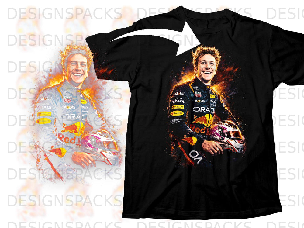 Black t-shirt with a vibrant graphic of a smiling race car driver holding a helmet.