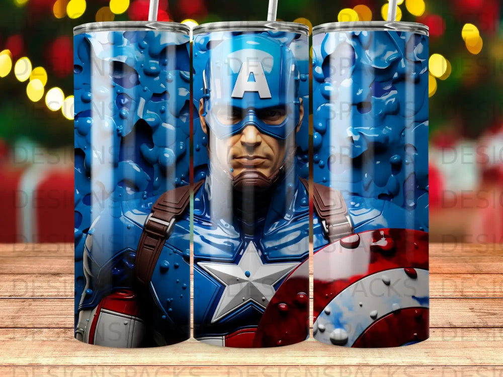 Captain America superhero character in front of a blue, watery background.