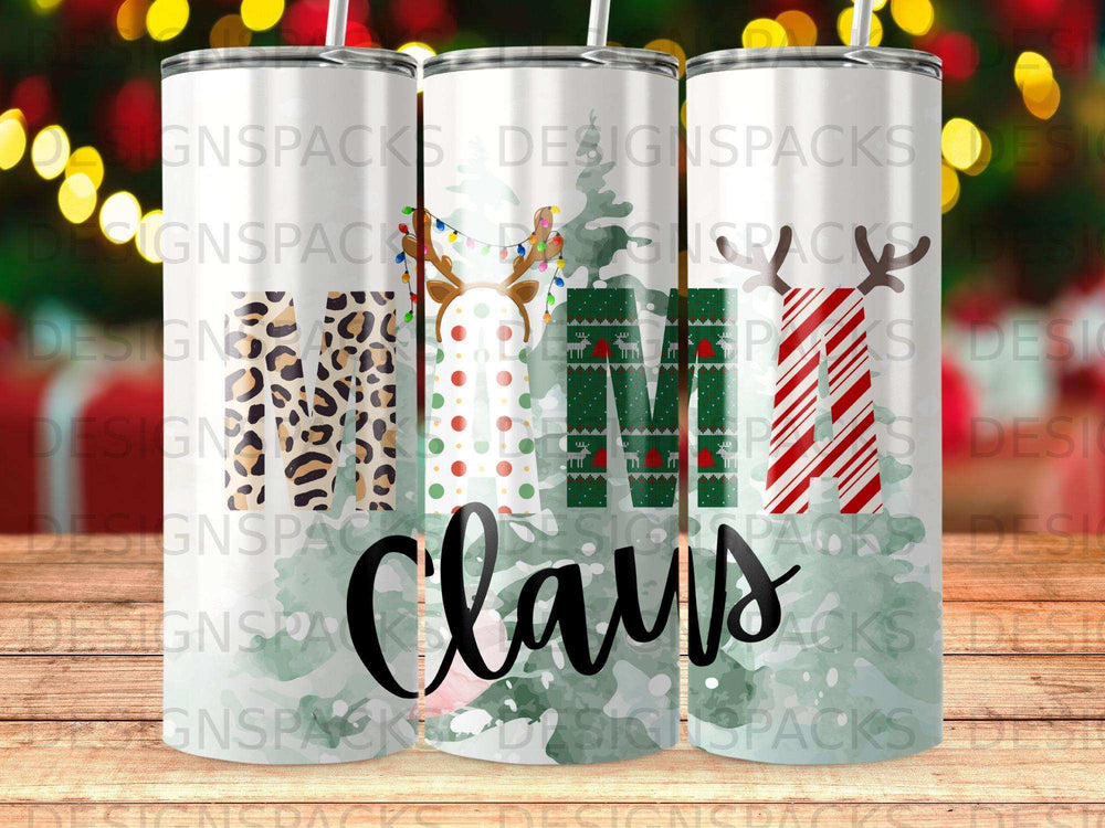 Festive Claus tumbler with leopard print and Christmas trees.