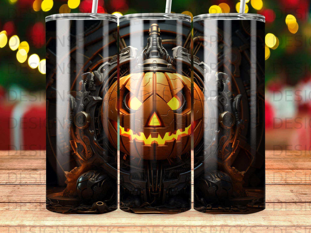 Jack-o'-lantern with glowing eyes and mechanical gears.