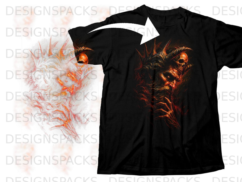 Black t-shirt featuring a demonic skull and horns graphic with fiery accents.