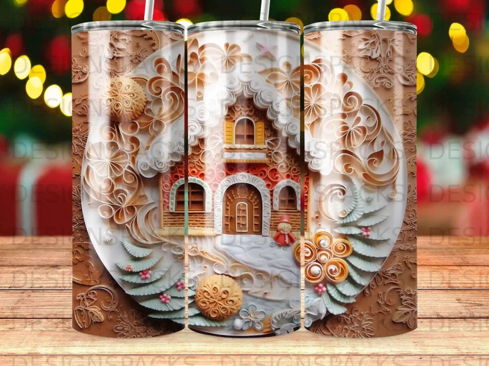 Festive gingerbread house with snowy details on a tumbler.