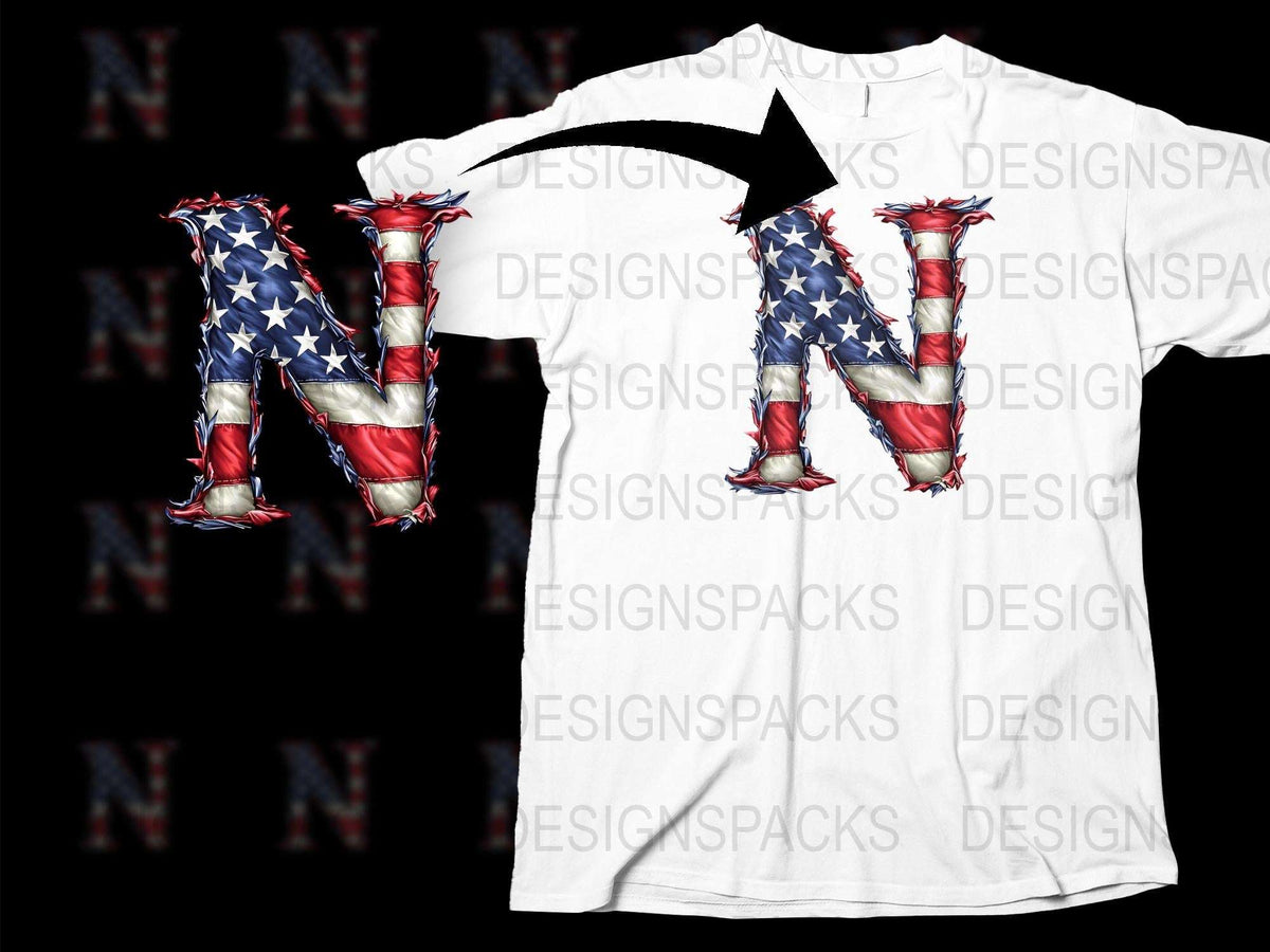 Patriotic America Flag Letter N T-Shirt, USA Graphic Tee, 4th of July Independence Day Apparel